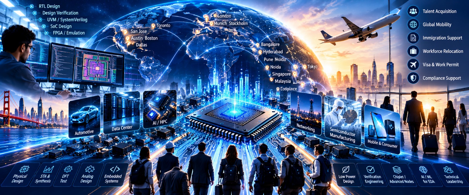 Skalen Semi's supplied semiconductor and global workforce illustration, showing global destinations, air travel, talent acquisition, immigration and relocation